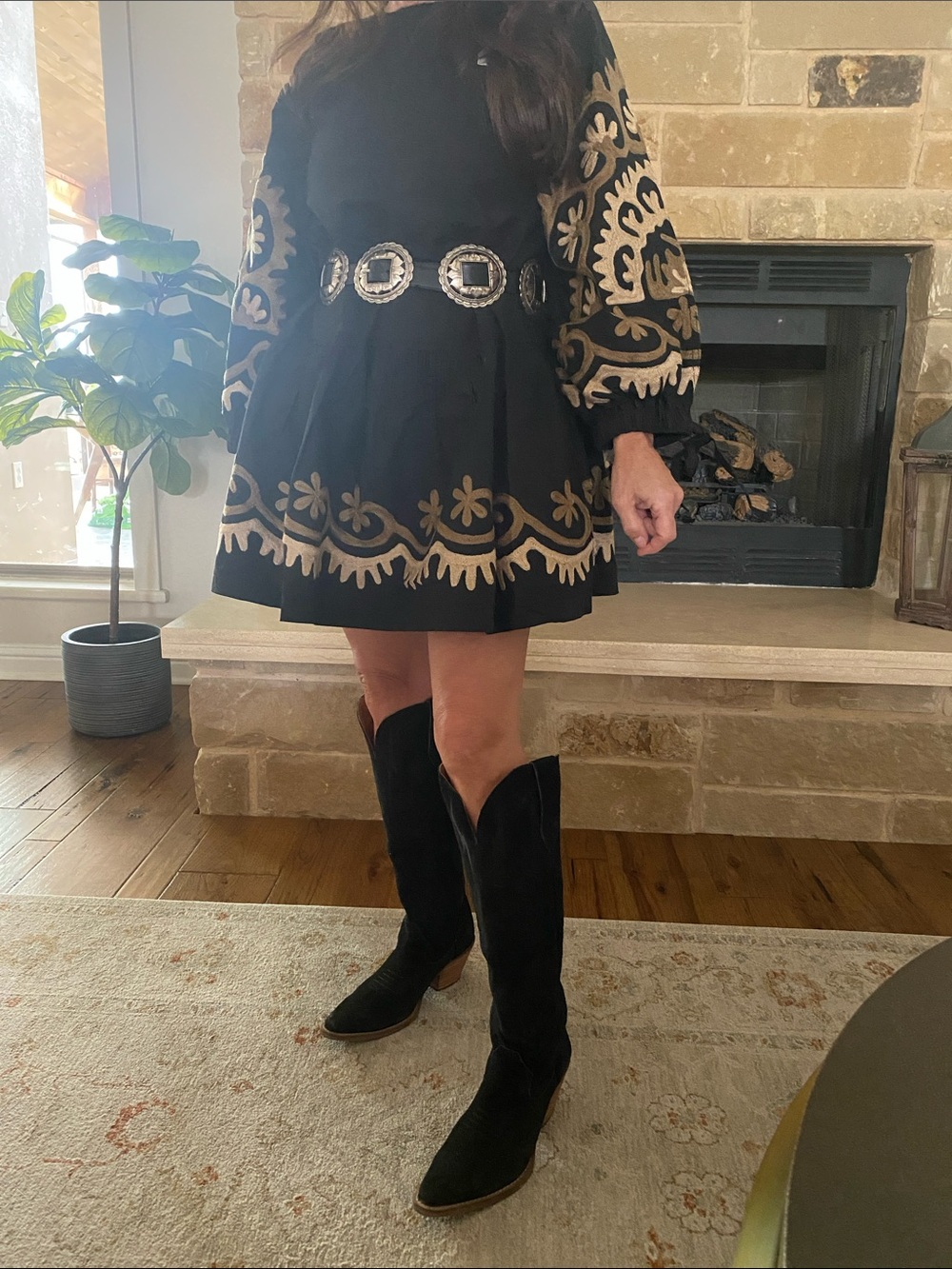 NWT Something Navy Black Dress with Gold Embroidered Sleeves and Hem